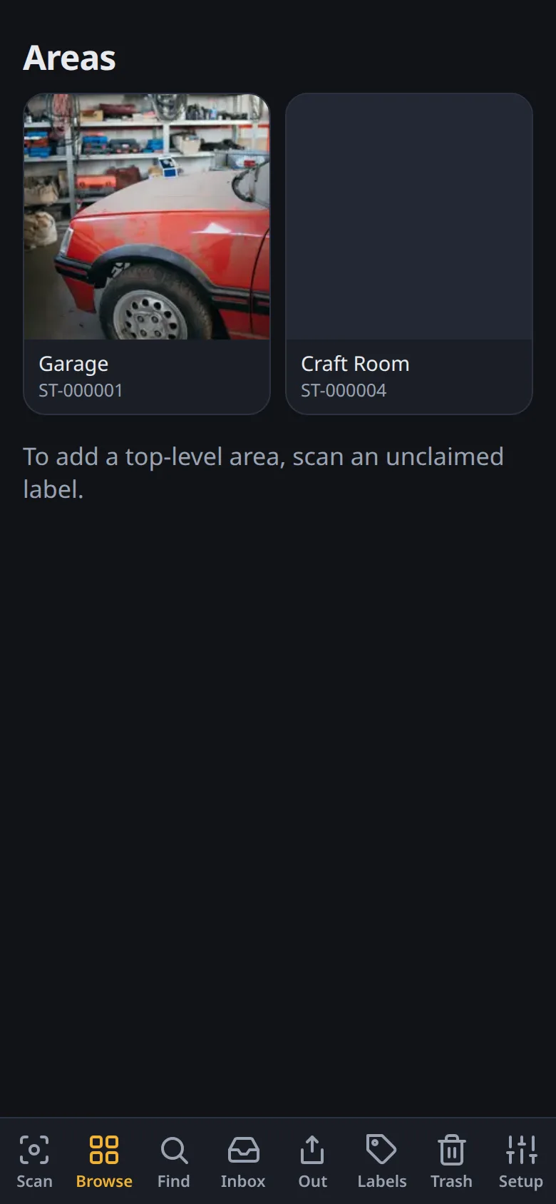 The Areas browse view showing labeled containers