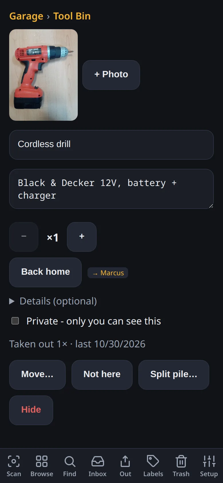 An item page showing a photo, name, quantity, and actions