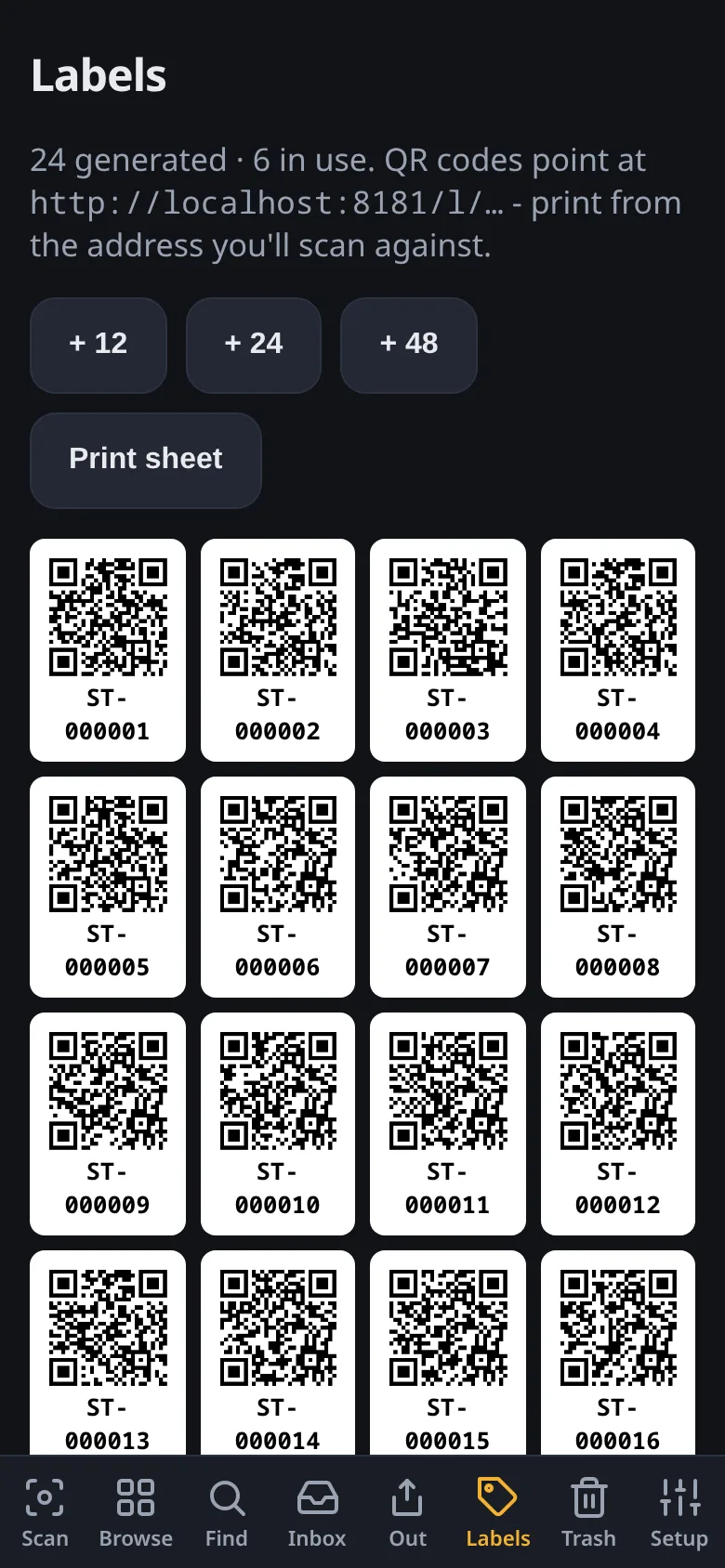 The Labels page showing a sheet of printable QR labels