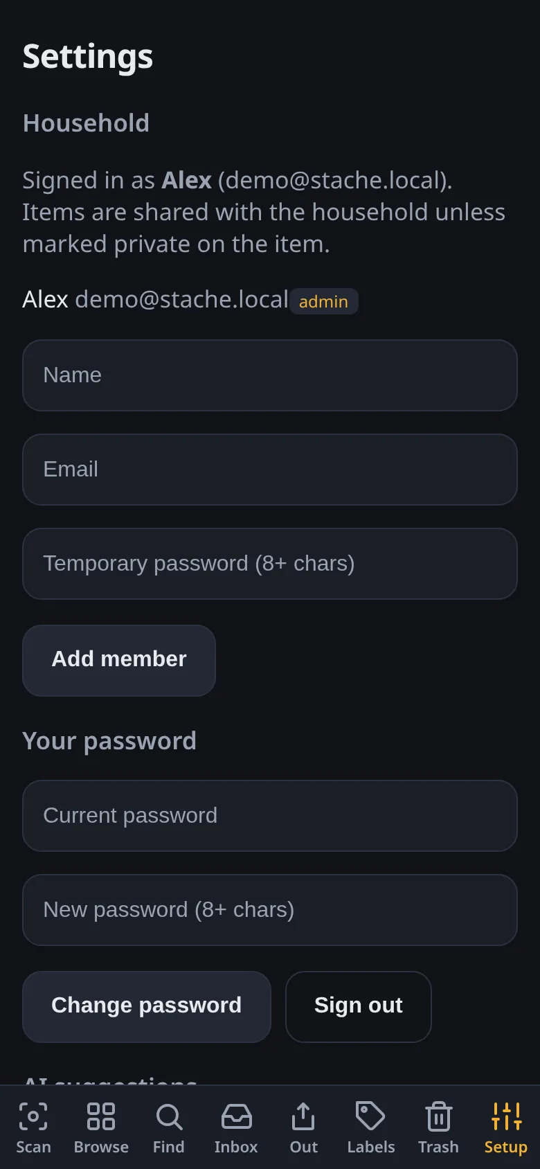 The Settings page showing household and connection options