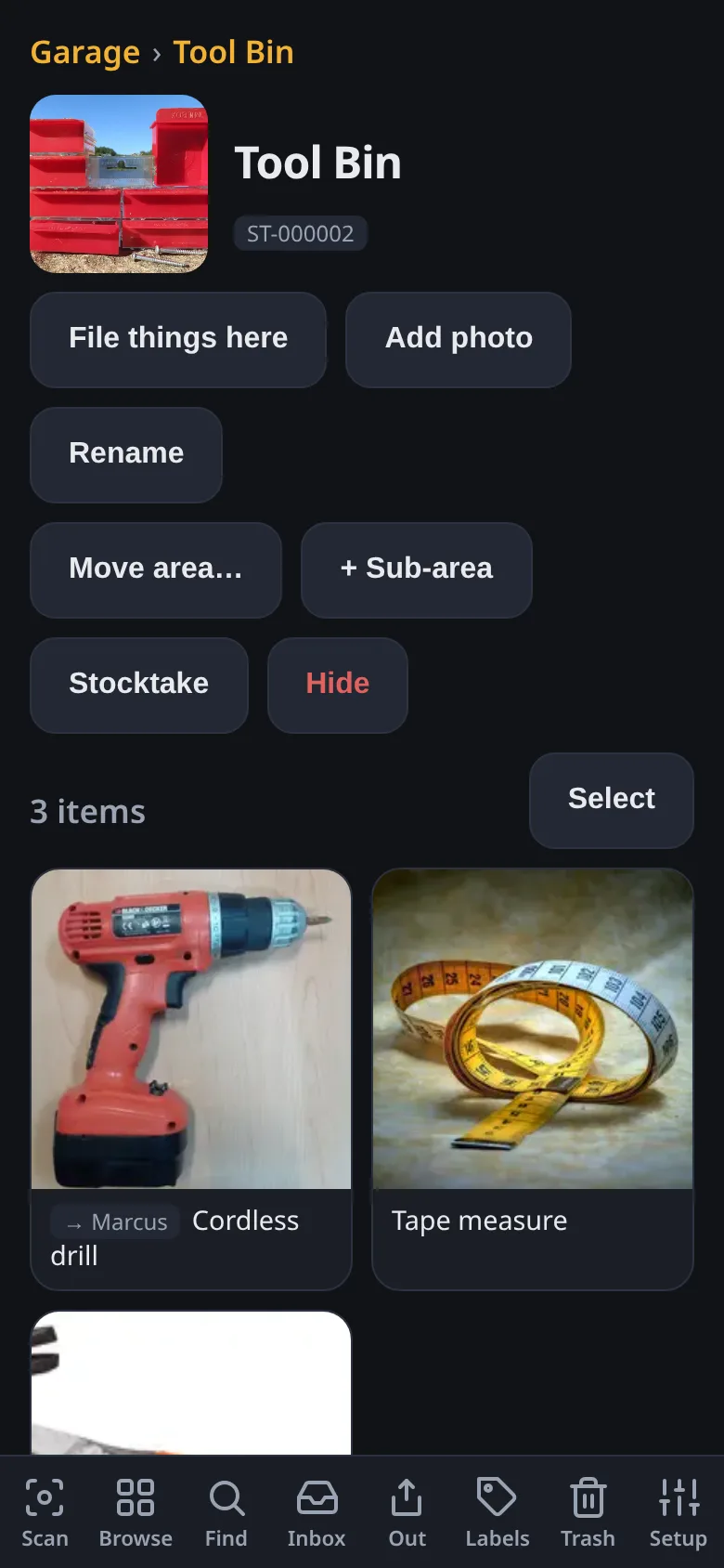 Stache area page showing the contents of a labeled bin