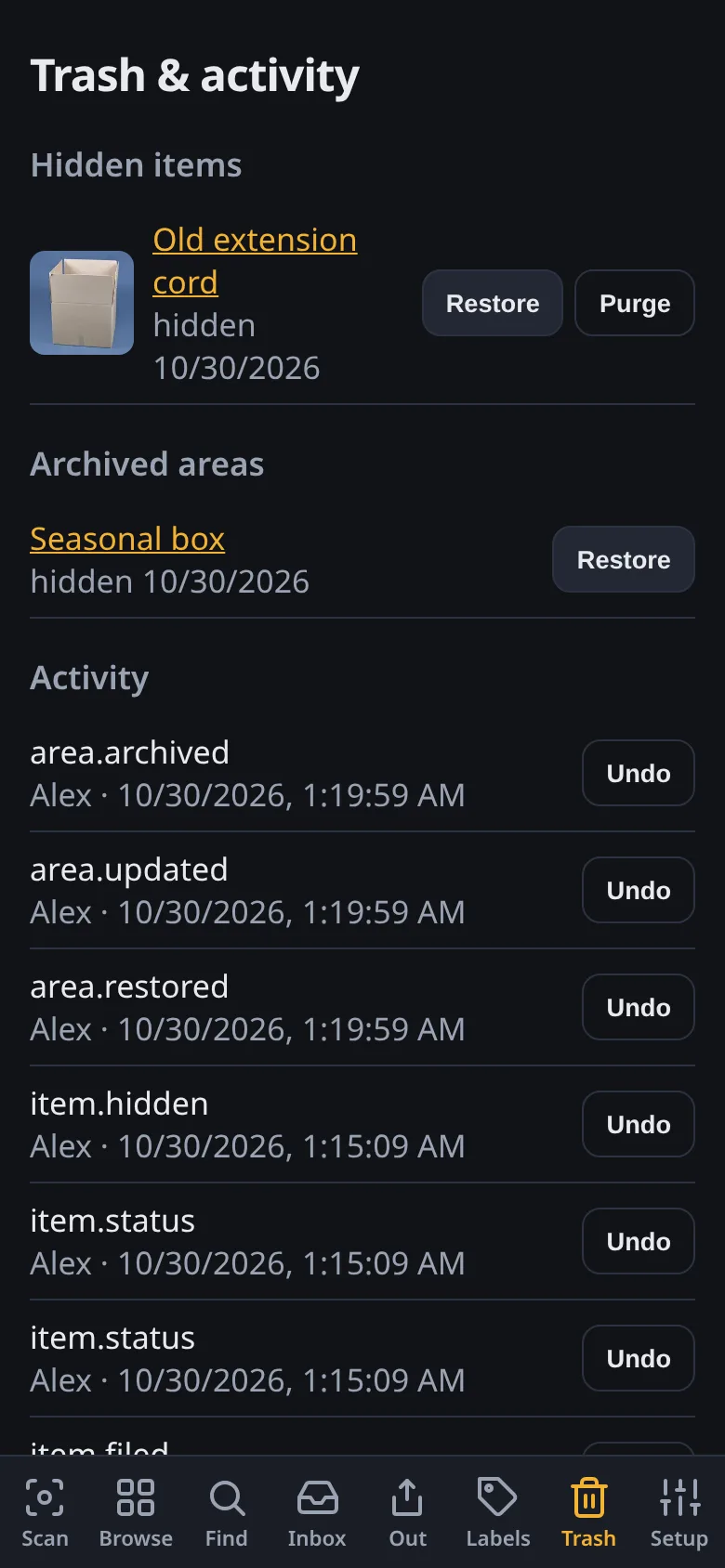 Stache trash showing recently removed items